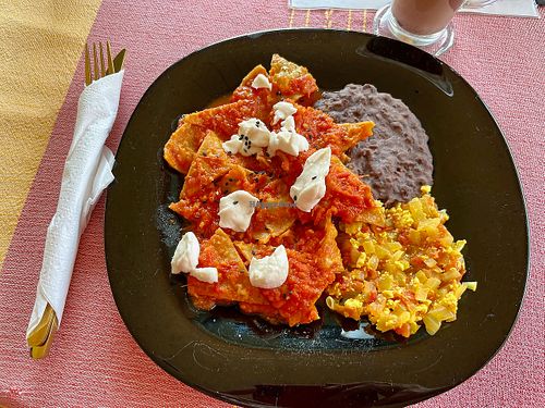 Red chilaquiles (minus salad at Ol-Lin Vegan in Ajijic