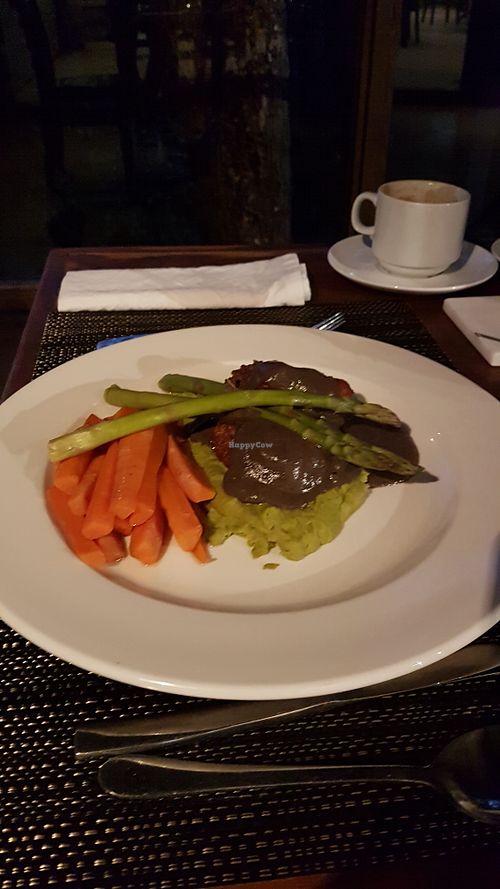 MacRissoles on pea puree and mushroom gravy at Country Delights Natural Foods in Cooranbong