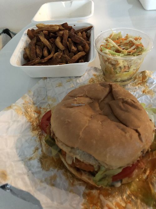 unChicken Burger with Fries and Coleslaw.  at The Hogtown Vegan in Toronto