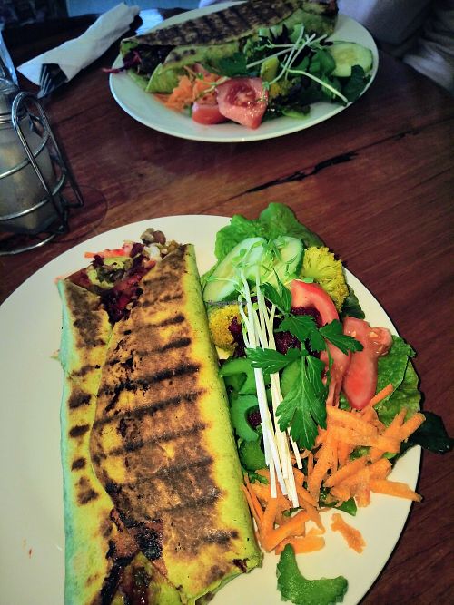 Vegan burrito and salad at Morganics Cafe and Store in Orbost