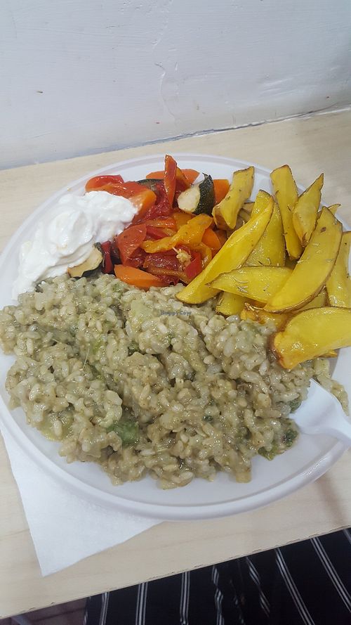 Rice, potato wedges, mixed vegetables, mayo at Officina Vegana in Naples