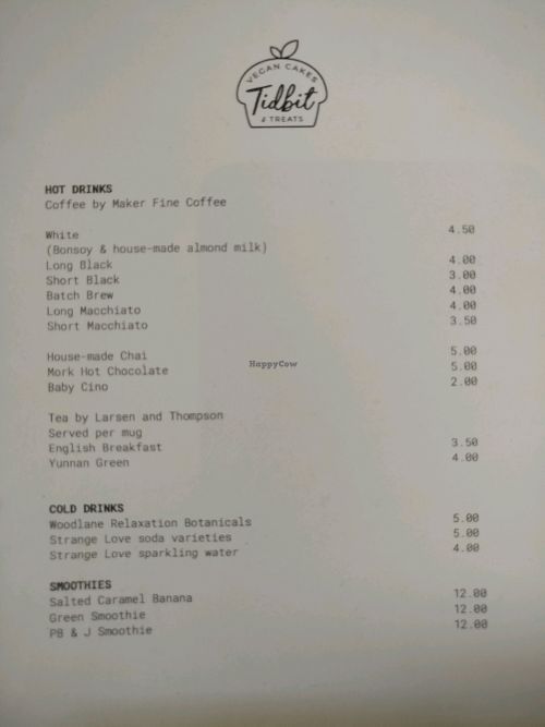 drinks menu at Tidbit Cakes - Online in Richmond