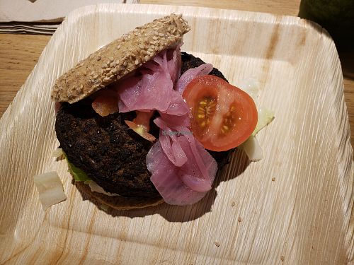 Burger with toppings including pickled onions at CPH - 42°Raw - T2 in Copenhagen