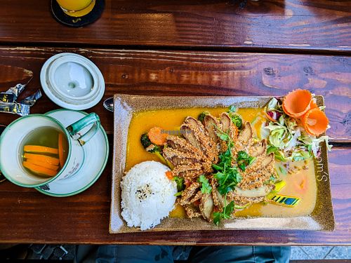 "Duck" with Mango Sauce and orange/ginger tea at Mom's Creation at Mom's Creation - Alt Treptow in Berlin