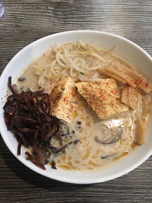 Vegan soup with tofu steak, bean sprouts, black mushrooms, and bamboo shoots at Ramen Instant in Fremont