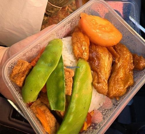 Pre-packed lunchbox: Sweet and sour tofu with rice at Vegieria in Heatherton