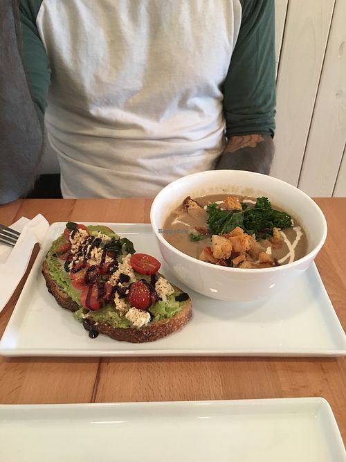 Avi toast and mushroom soup at Roots + Fruits in Vancouver