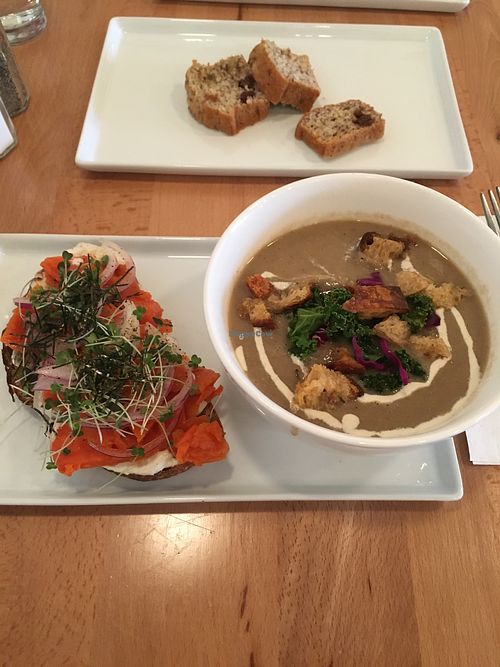 Lox carrot toast and cremini mushroom soup  at Roots + Fruits in Vancouver