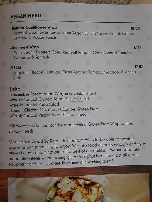 Vegan menu options at Green is Good by Kate in Crown Point