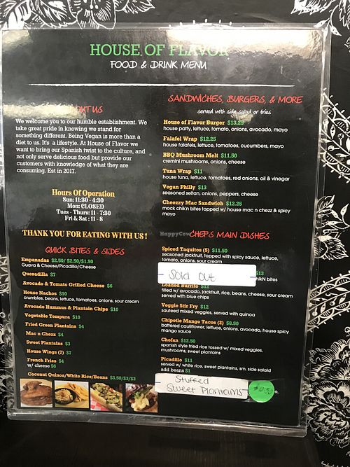 Menu front at House of Flavor in Bayonne