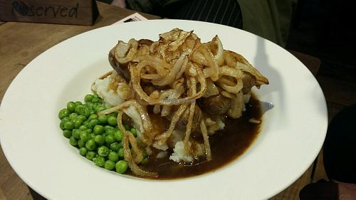 Vegan sausage and mash. Huge portion for £7.  28/2/18 at Peaky Blinders Bar  in Paignton