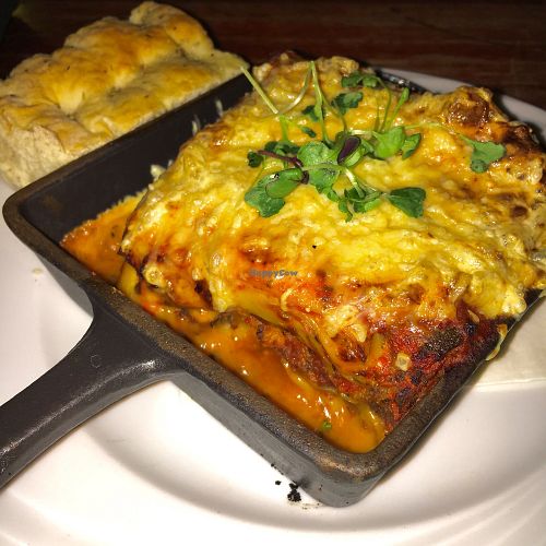 Tasty vegan lasagne with pulled broad beans, bechamel and cheese. at Virgin Oil Co in Helsinki