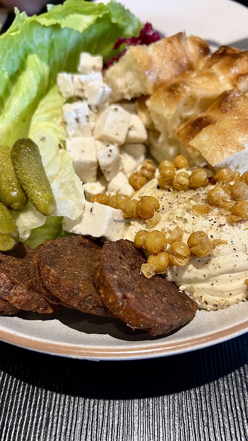 Chorizo plate with feta, hummus, focaccia & so on  at Green Man's Arms in Carlton