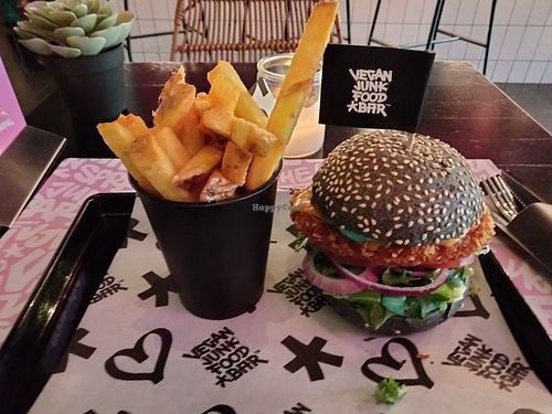 Chicken burger & fries at Vegan Junk Food Bar - De Pijp in Amsterdam
