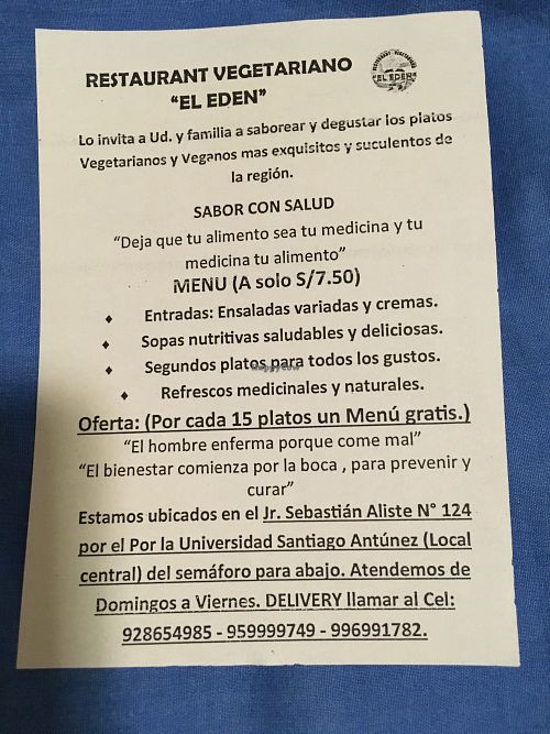 set menu at El Eden Restaurant Vegano in Huaraz