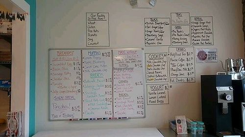 Menu with vegan options in pink. Menu changes and is usually posted on Facebook at Abstruse Pastry Company in Flowery Branch