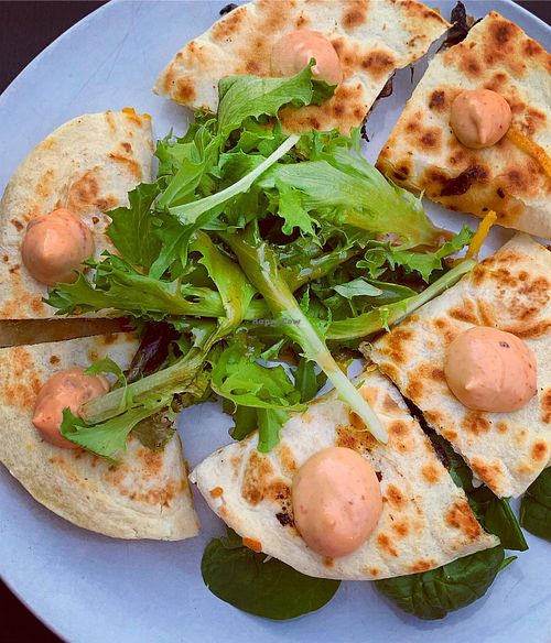 Quesadillas: vegan chicken, mushroom (fav) and mixed veggies. So delicious. Love the sauce on the top. Loaded with vegan cheese! at No5nyc & The Vegoist in Astoria