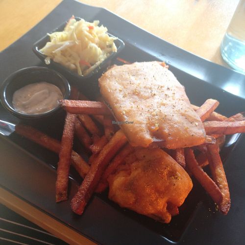 Eggplant fish and chips with cole slaw and tartar sauce (all vegan) at Off the Hook in Toronto