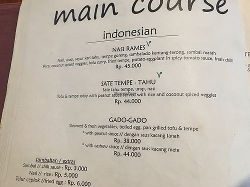 Menu at Milas in Yogyakarta