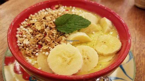 mint mango smoothie bowl at La Rabona Peruvian Deli in Cusco