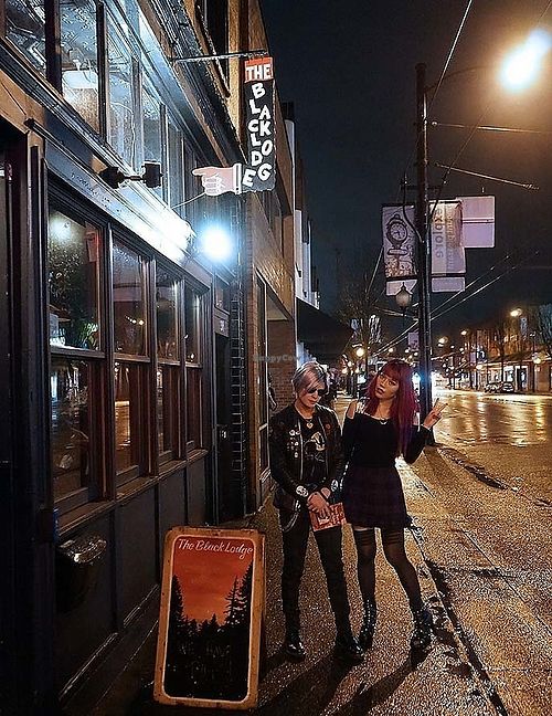 Travel and food blogger La Carmina outside The Black Lodge, Twin Peaks theme restaurant in Vancouver BC. at The Black Lodge - Broadway in Vancouver