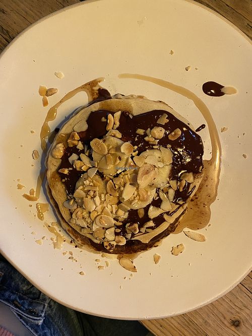 chocolate and banana vegan pancakes  at The Old Bicycle Shop in Cambridge