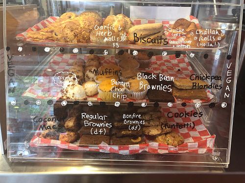 bakery case. center row is vegan. at The Red Bandana Bakery in Bethesda