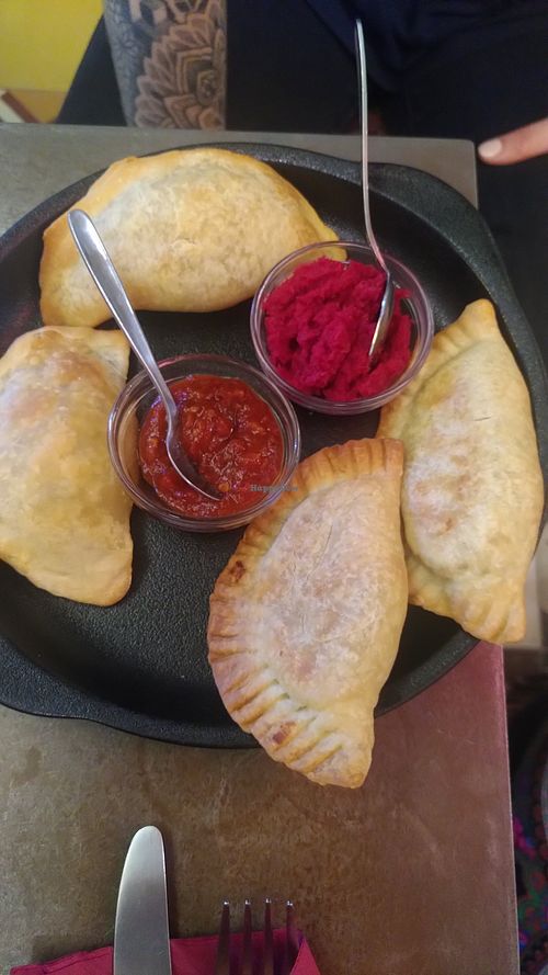 Piroski with cabbage on the left & with potato on the right at Cafe Bar 67 in Athens