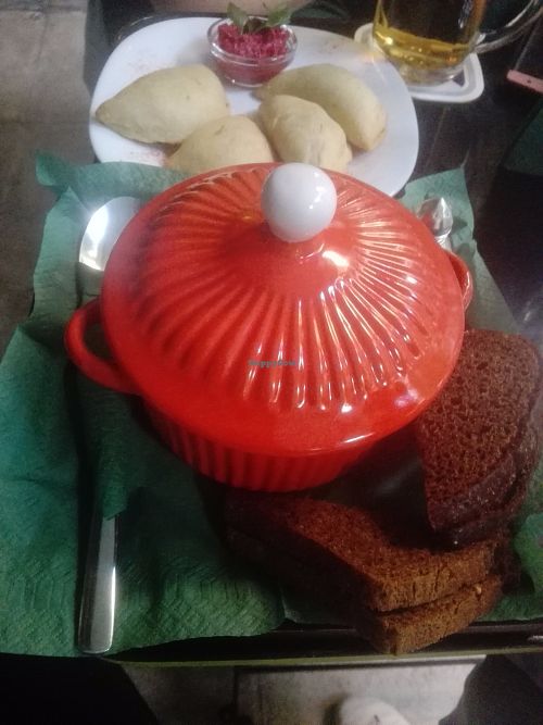 Carrot soup with black bread with coriander and piroski at Cafe Bar 67 in Athens