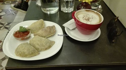 vegan piroski and vegan cappuccino at Cafe Bar 67 in Athens