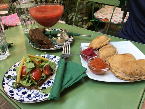 Piroski, vegan sandwich and gazpacho soup at Cafe Bar 67 in Athens