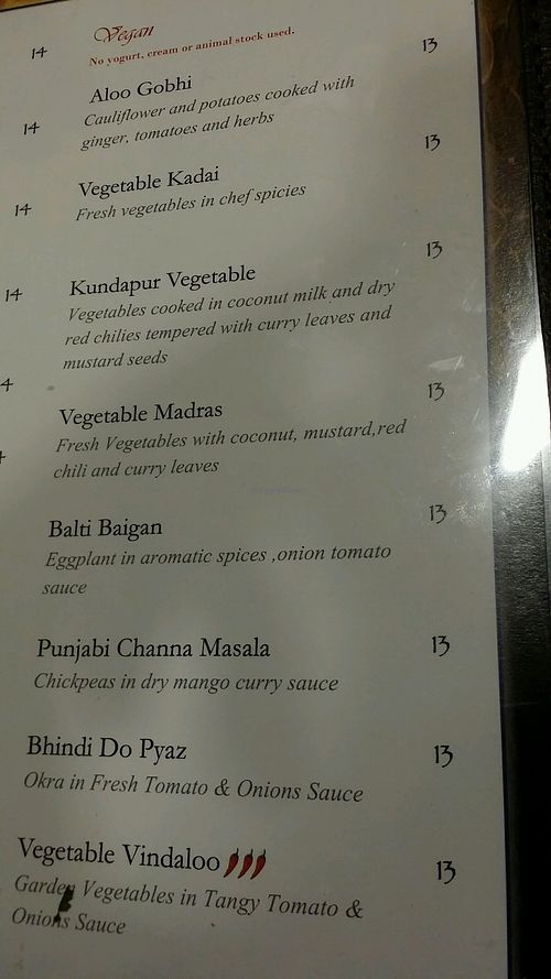 vegan menu section at Taal Indian Cuisine in West Melbourne