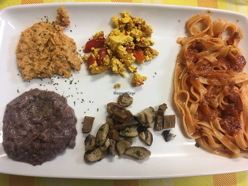 Azuki bean  chickpea hummus, seitan with mushrooms, scrambled tofu, tagliatelle at Al Mangiar Sano in Mortara