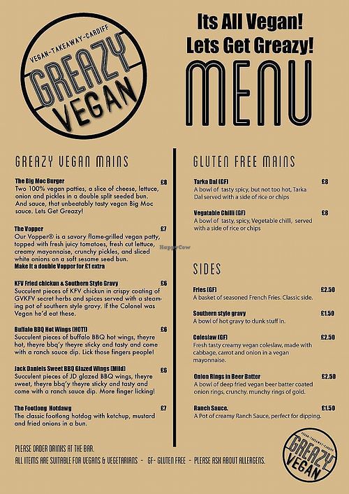 Menu at Greazy Vegan in Cardiff
