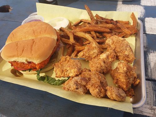 seitan burger, nuggets and fries at Sundaze - Food Truck in Austin