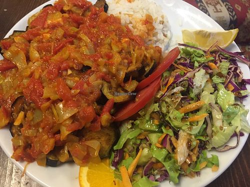 Vegan moussaka with rice and salad at Silk Road Cafe and Restaurant in Goreme