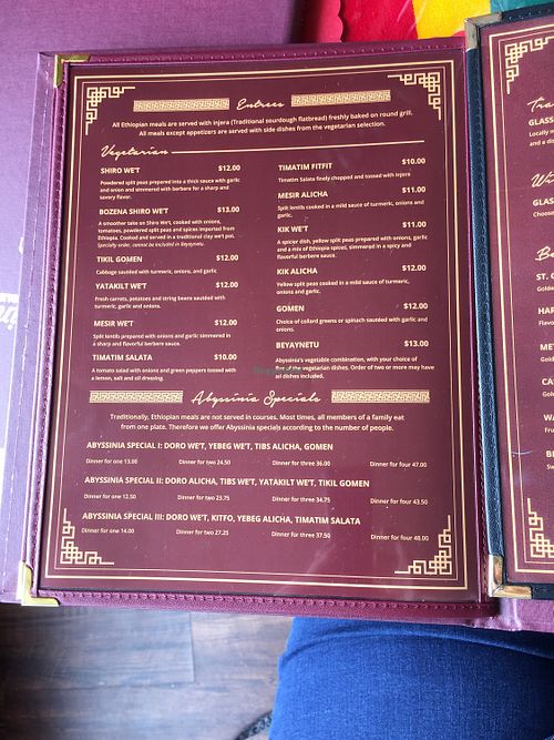 The beyaynetu  gives you a sample of most of the vegan items. Be sure to tell the waitress that you want vegan   at Abyssinia in Rochester