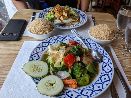 Bangkok garlic vegetables & tofu with brown rice at Bangkok Thai Cuisine in Oak Bluffs