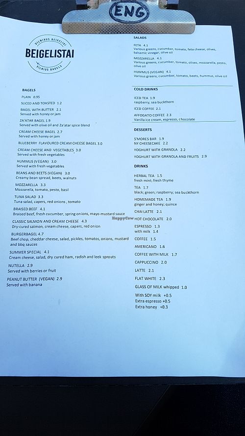 Menu at Beigelistai  in Vilnius