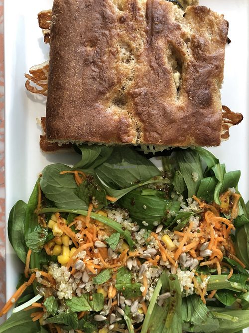 Focaccia with vegan mozzarella and bacon, mixed salad and quinoa  at Jo and Nana Cakes in Paris