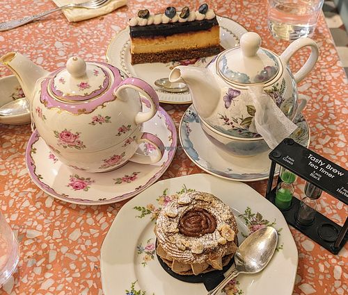 Paris Brest, blueberry cheesecake, two types of teas including separate timers for them! at Jo and Nana Cakes in Paris