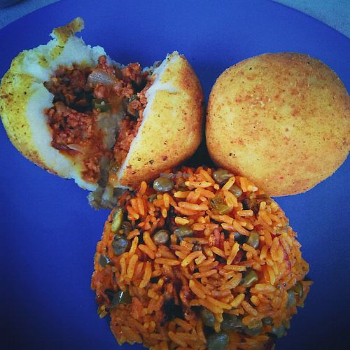 Vegan Papas Rellenas with Spanish Rice. at EatQual in Cocoa