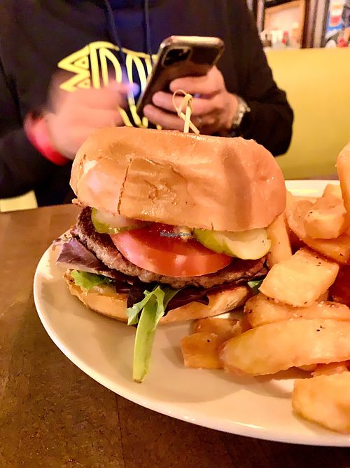 Impossible burger with fries at Beelman's in Los Angeles