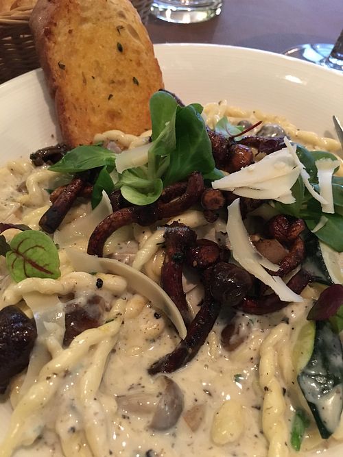Pasta di Semola with Black Truffle Smoked Cheddar Cheese Sauce & Garlic Bread at Mirror and Vegan Concept in Hong Kong Island