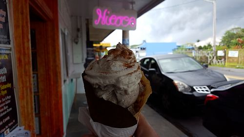 Tiramisu coconut gelato in a fresh made waffle cone and coconut whipped cream! at Nicoco Hawaiian Gelato in Pahoa