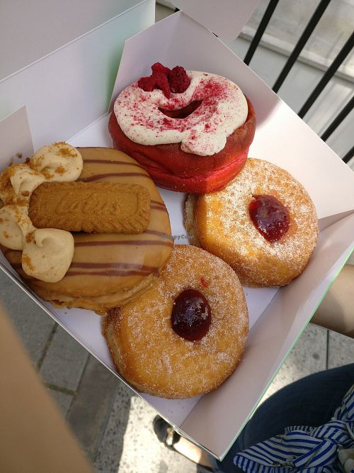Lotus, red velvet and jam Doughnuts. at Rodeo Doughnuts - Shaftesbury Ave in London