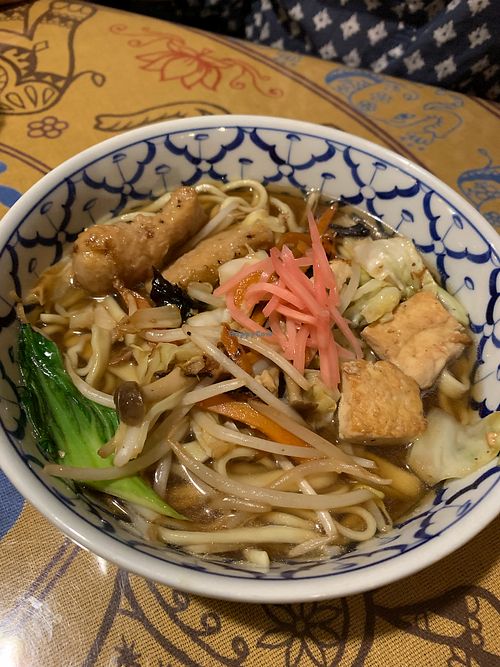 Okinawan Soba - with "meat" so realistic we had to check it really was vegan! at LaLa Zorba ララ・ゾルバ in Naha