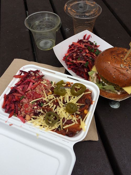 Big fat burger and slaw and chili beans with couscous and slaw. at Little Ginger in Kingston Upon Thames