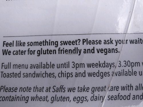 friendly cafe, happy to cater to vegans at Saff's Cafe  in Castlemaine