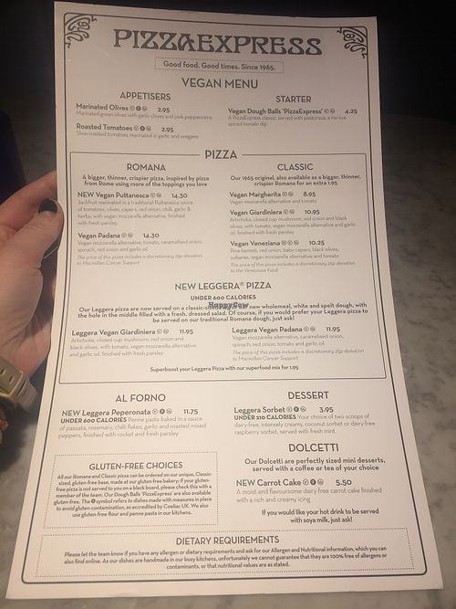 Vegan menu  at Pizza Express - North Bridge in Edinburgh